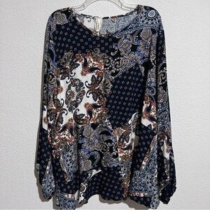 Crepas Navy Gold White Paisley Patchwork Boho Indie Blouse Ruffled Hem New 3XL